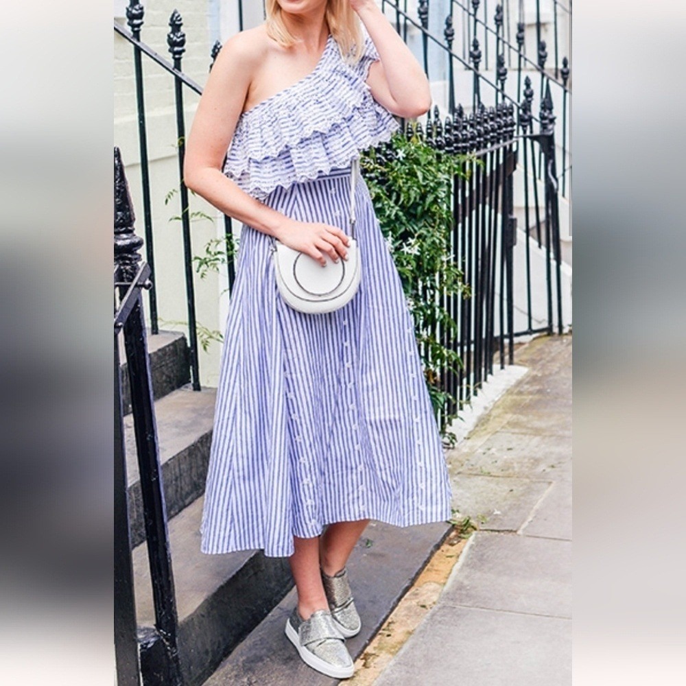 Kos Resort One Shoulder Midi Dress Ruffle Embroidered Eyelet White Blue Silver S - Picture 2 of 12